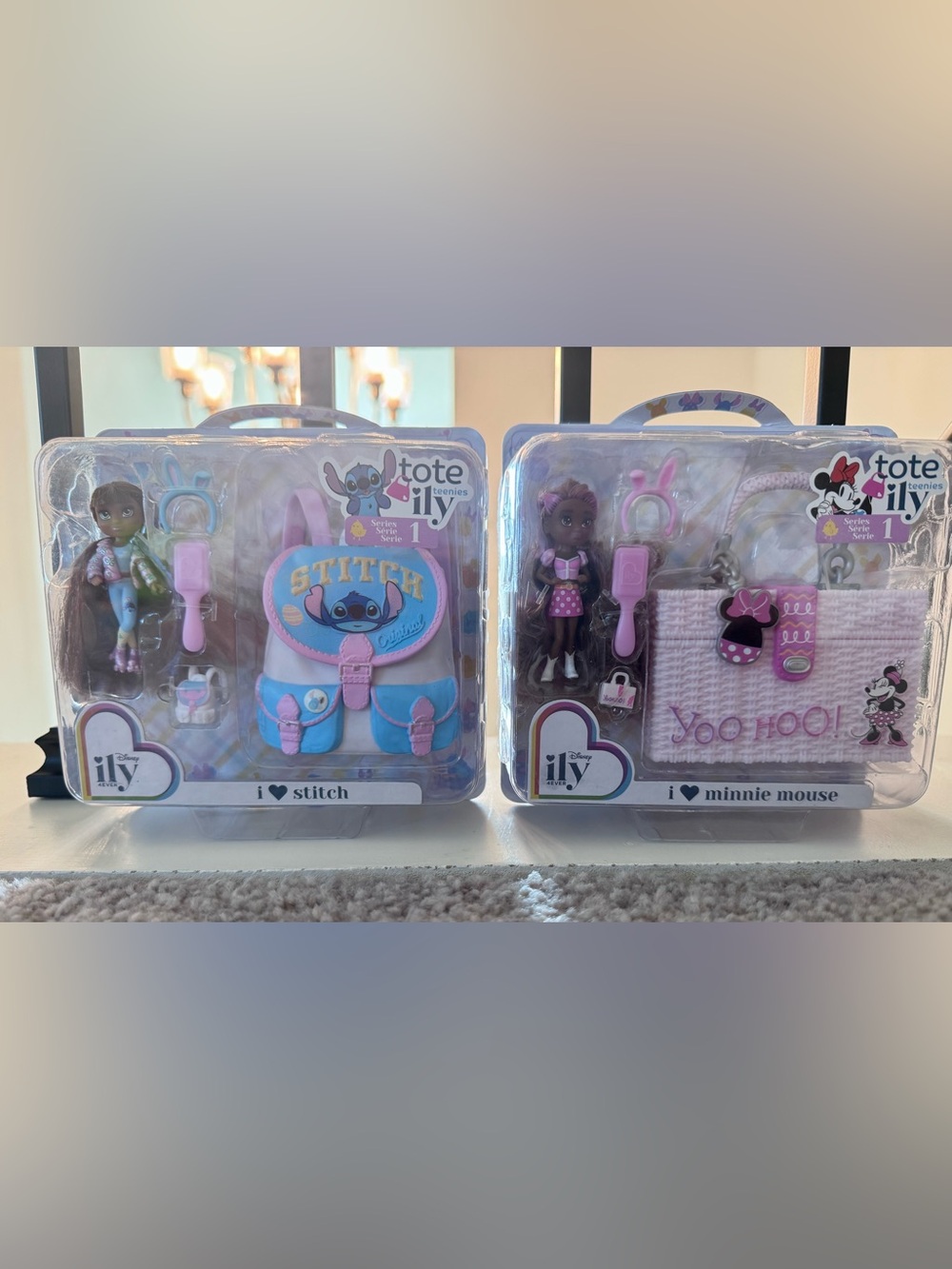 TWO Disney Tote Set with Stitch and Minnie Accessories - Pink & Blue